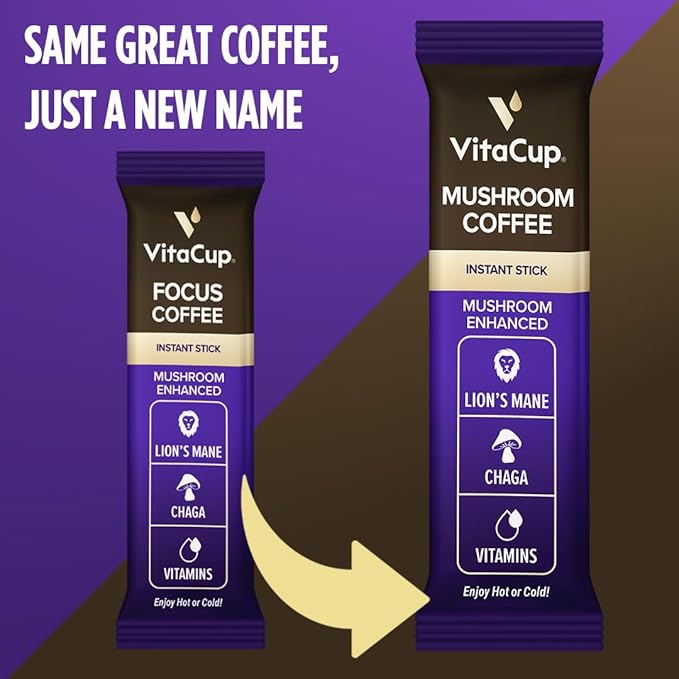 VitaCup Mushroom Coffee Instant Packets for Memory &amp Clarity Support w/Fiber Chaga Lion’s Mane D3 B Vitamins Medium Roast 100% Arabica &amp Robusta Coffee in Single Serve Sticks 72 Ct