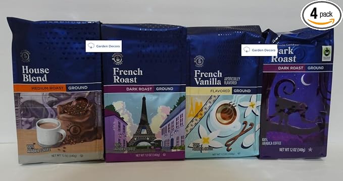 Barissimo Ground Coffee: House Blend French Roast French Vanilla and Dark Roast 12oz 340g (4 Bags)