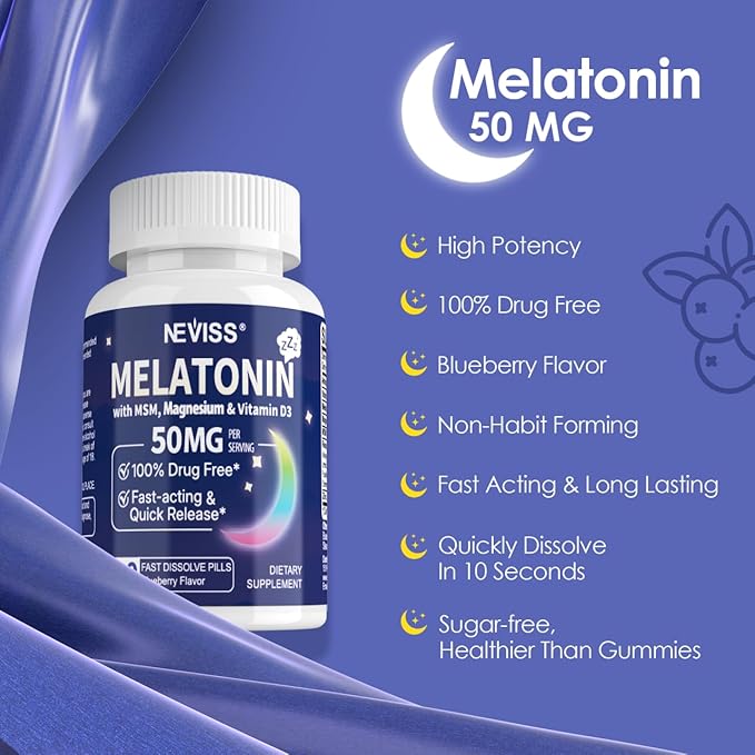 NEVISS Melatonin 50 mg for Adults - Extra Strength 9-in-1 Fast Dissolve Sublingual - High Dose with Magnesium Glycinate Vitamin D3 Ashwagandha Lemon Balm Chamomile Sugar FreeVegan 120 Tablets