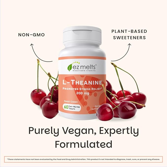 EZ Melts L-Theanine 200 mg - Stress &amp Relaxation Support Supplement - No Artificial Flavors - No Drowsiness - Non-GMO &amp Vegan - Sweet Cherry - 60 Dissolvable Tablets (30 Servings)