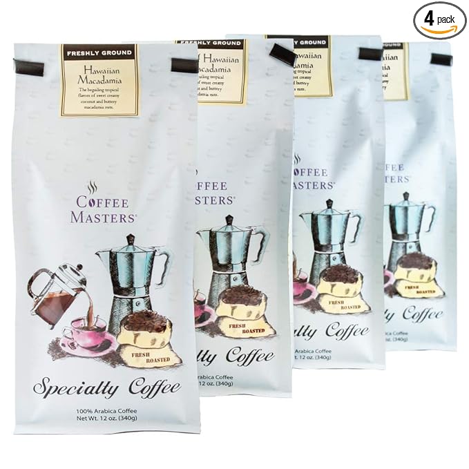 Coffee Masters Flavored Coffee Hawaiian Macadamia Ground 12-Ounce Bags (Pack of 4)