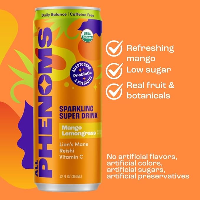 All Phenoms Daily Balance Sparkling Organic Prebiotic &amp Probiotic Drink - Adaptogen Mushroom Blend (500mg of Lions Mane &amp Reishi) Vit C Zinc (Non-Caffeinated No Stevia) - Mango Lemongrass
