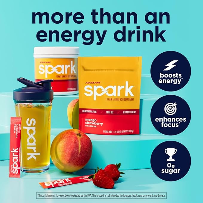 AdvoCare Spark - Energy Drink Mix - Vitamin &amp Amino Acid Supplement - Supports Energy &amp Focus - Portable Immune Support - Sugar-Free - Mango Strawberry (10.5 oz)