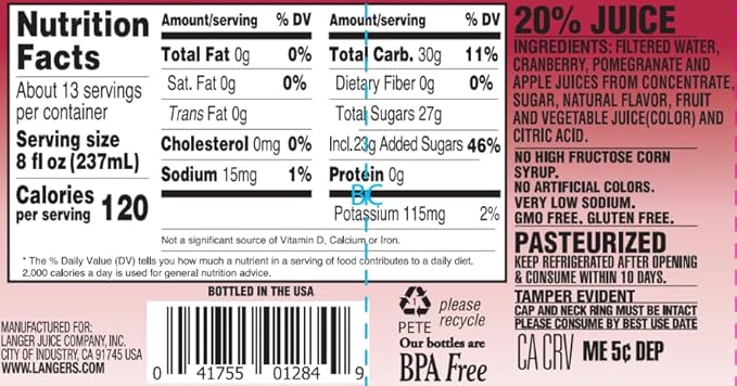 Langers Cranberry Pomegranate Juice Cocktail 101.4 Fl Oz (Pack of 4)