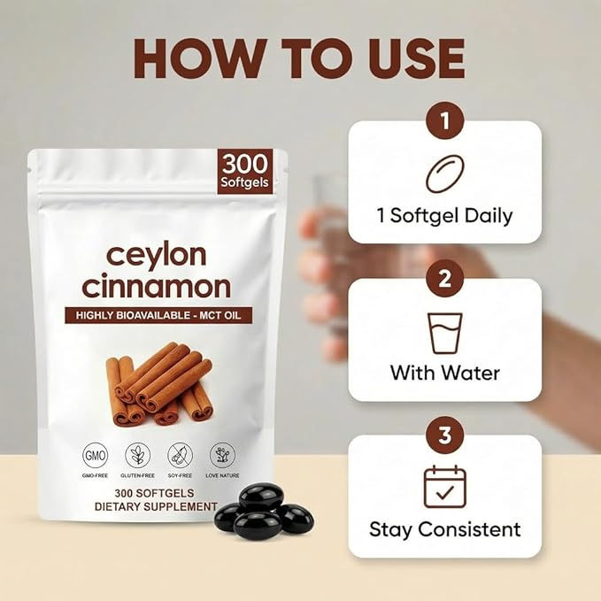 Ceylon Cinnamon Softgels Ceylon Cinnamon Soft Gels 7200mg with MCT Oil Highly Bioavailable Herbal Extract Non-GMO Gluten Free 300 Softgels