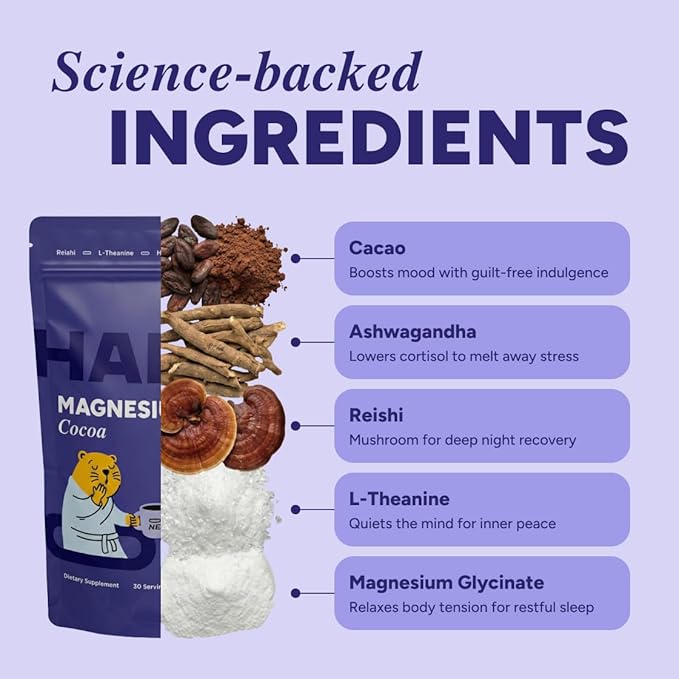 Magnesium Mushroom Cocoa with Ashwagandha &amp Reishi - Adaptogens Blend - Zinc L-Theanine L-Glycine Chamomile Jujube &amp Cinnamon - Made in USA - 30 Servings