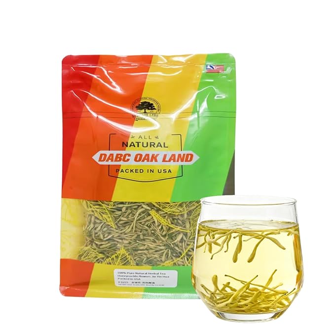 DABC OAK LAND Premium Dried Honeysuckle Tea Jin Yin Hua Honeysuckle Flowers Buds Wild Lonicera Japonica Chinese Traditional Loose Herbal Tea Caffeine Free - Refreshing &amp Clean Taste 金银花 4OZ/Bag