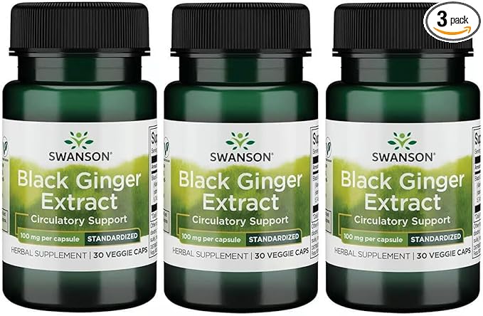 Swanson Black Ginger Extract - Promotes Healthy Blood Circulation and Physical Vigor - May Aid Heart Health Muscle Tissue and Mental Wellbeing - (30 Veggie Capsules 100mg Each) (3 Pack)