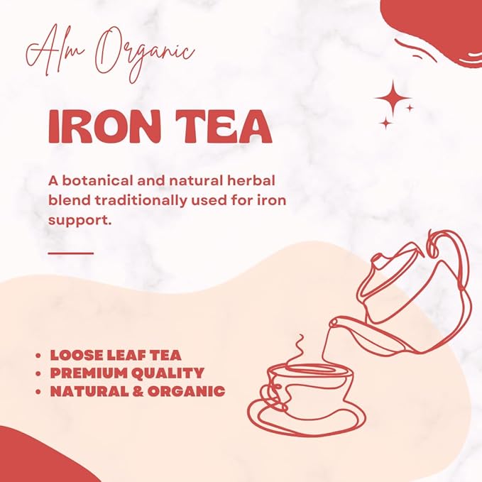 Herbal Tea - Natural Iron Supplement for Women Men and Kids - Loose Leaf Blood Builder Tea - Easy-to-Brew with Vitamin C Loose Leaf and Caffeine Free - Alm Organic 3.5 Oz (100g)