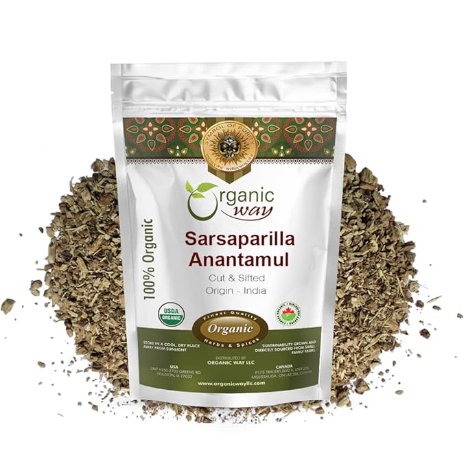 Organic Way Sarsaparilla/Anantamul Root (Hemidesmus indicus) Cut &amp Sifted - Herbal Tea | USDA &amp Kosher Certified | Vegan Non GMO &amp Gluten Free | Resealable Bag | 100% Raw from India (1lbs