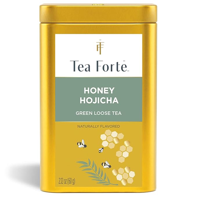 Tea Forte Honey Hojicha Premium Loose Leaf Caffeinated Green Tea Blend Canister Makes 35-50 Cups