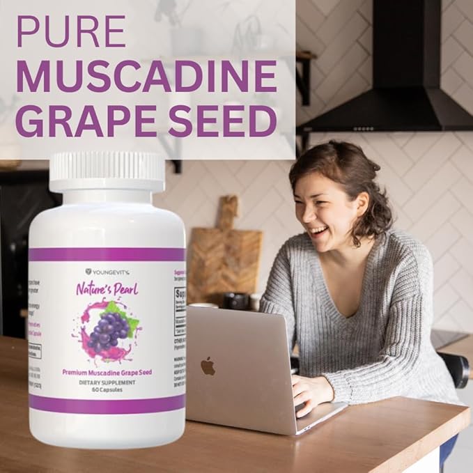 Youngevity Premium Muscadine Grape Seed - 650 mg - Nature's Pearl Antioxidant Superfood - Rich in Resveratrol Ellagic-Acid Quercetin Anthocyandins and More - 60 Servings