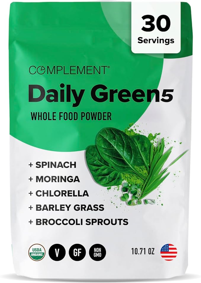 Complement Daily Greens Powder Super Greens Powder Superfood- Wholefoods Organic Chlorella Powder Barley Grass Juice Powder Broccoli Sprouts- Immune Support Brain Health Metal Detox- 30 Servings