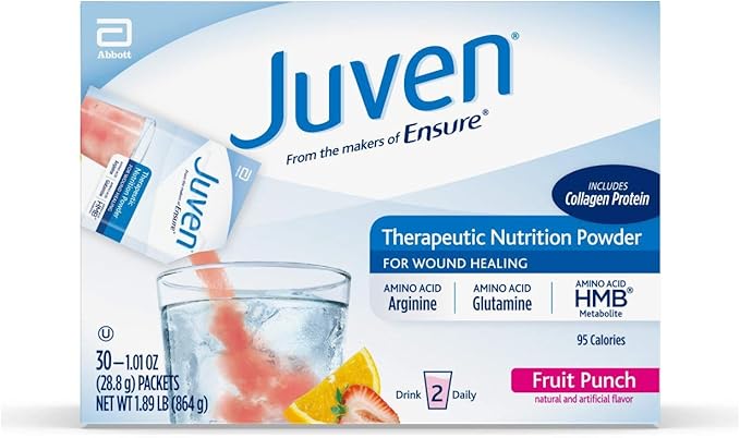 Juven Therapeutic Nutrition Drink Mix Powder for Wound Healing Includes Collagen Protein Unflavored 30 Count and Fruit Punch 30 Count