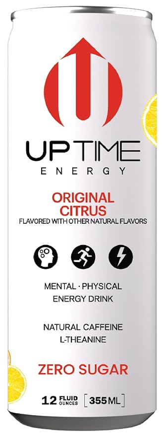 UPTIME Energy Drink Original Citrus Sparkling 12 Pack Vitamin C L Theanine Calcium Sugar Free Energy Drinks for Focus Support 142mg of Natural Caffeine 5 Calories Clean Natural 12 fl oz Can