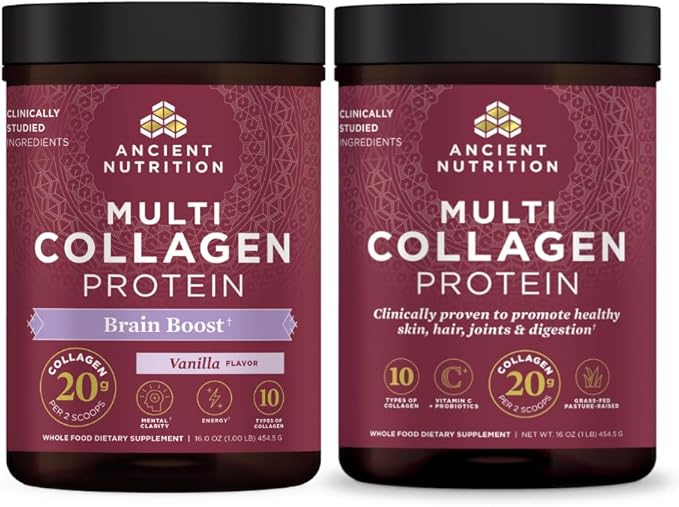 Ancient Nutrition Multi Collagen Peptides Powder Brain Boost 45 Servings + Multi Collagen Peptides Powder Unflavored 45 Servings