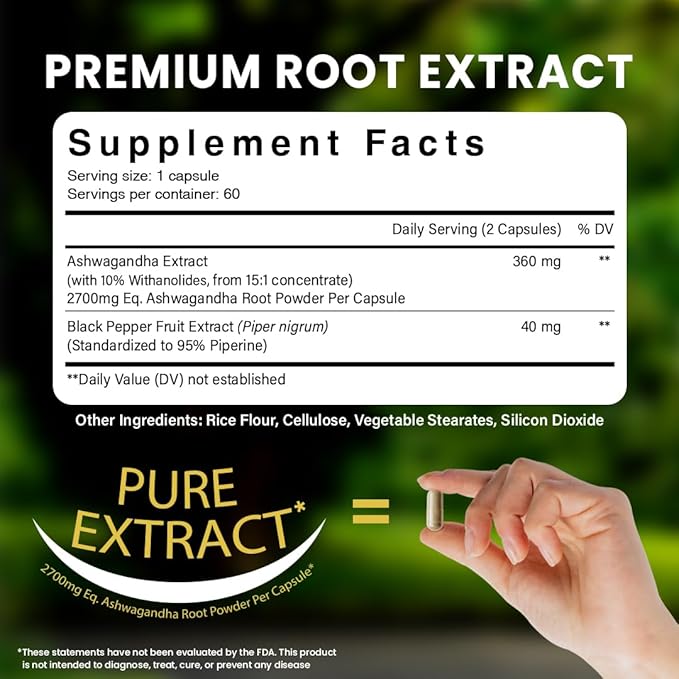 NooMost Ashwagandha Root Extract 15:1 with Black Pepper for Better Absorption - 60 Capsules - Natural Stress Energy Focus &amp Sleep Support - Adaptogen Supplement for Men &amp Women - Made in USA