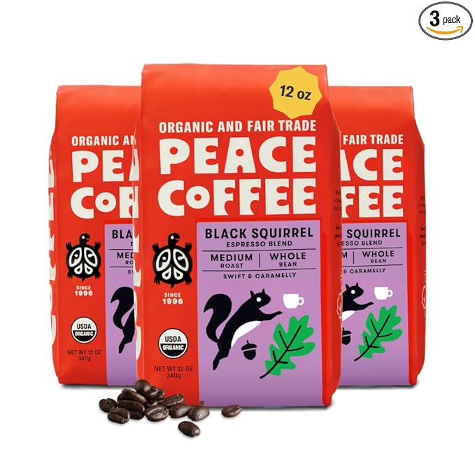 Peace Coffee Black Squirrel Espresso Blend Medium Roast Whole Bean Coffee 12 oz Pack of 3 Organic Fair Trade Smooth Classic Flavor Shade Grown Fresh Roasted