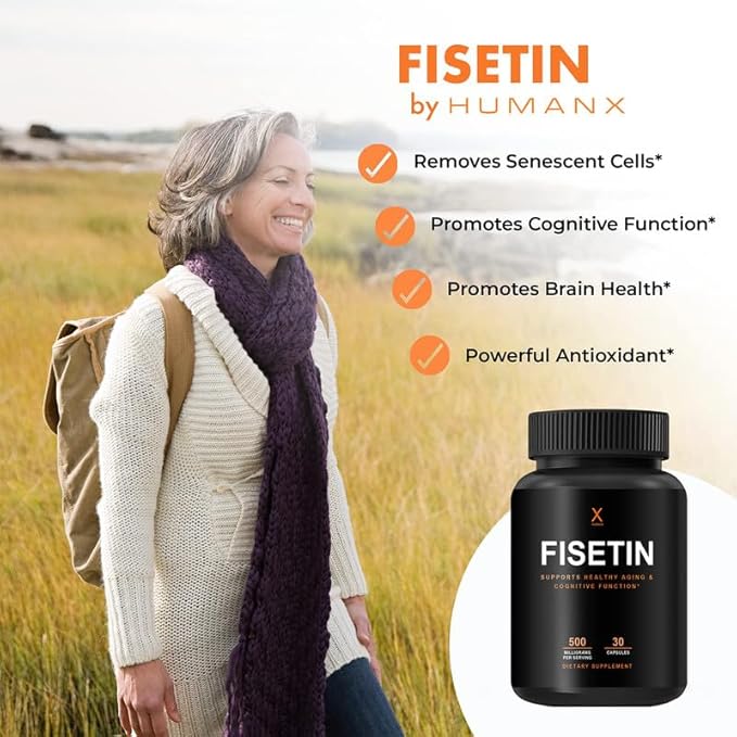 HUMANX Fisetin 500mg - 98% Pure Fisetin Supplement - Powerful Serving Size (Similar to Apigenin Luteolin Quercetin) Senolytic Activator - Natural Polypheonols - USA Made Non-GMO Fisetin Capsules