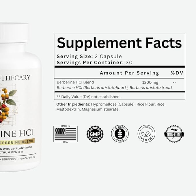 Berberine HCl 1200mg Supplement - Dual Source Bark &amp Root Extract - Berberis Aristata - USA Grown Botanical Extract - Vegan Non-GMO Gluten-Free Capsules - 60 Count