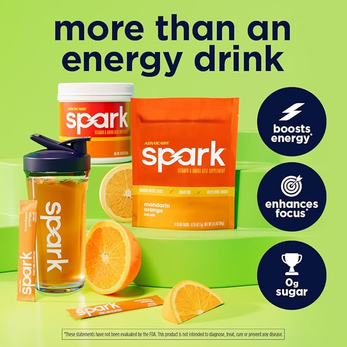 AdvoCare Spark - Energy Drink Mix - Vitamin &amp Amino Acid Supplement - Supports Energy &amp Focus - Portable Immune Support - Sugar-Free - Mandarin Orange (10.5 oz)