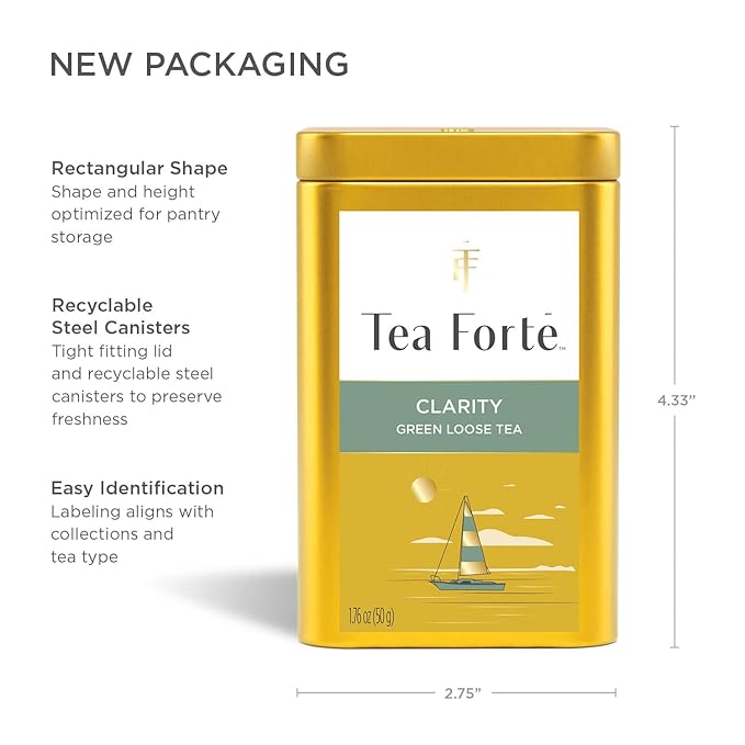 Tea Forte Clarity Premium Loose Leaf Caffeinated Green Tea Blend Canister Makes 35-50 Cups