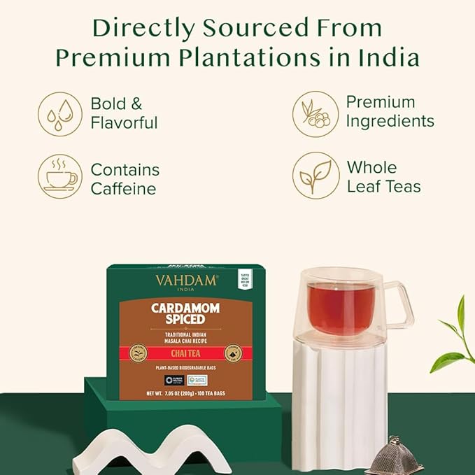 VAHDAM Cardamom Masala Chai Tea Bags (100 Count) Non GMO Gluten Free No Artificial Flavor | Blended w/Exotic Spices | Chai Tea | Resealable Ziplock Pouch