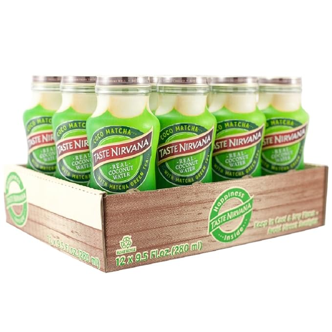 Taste Nirvana Real Coconut Water Coco Matcha with Matcha Green Tea 9.5 Ounce Glass Bottles (Pack of 12)