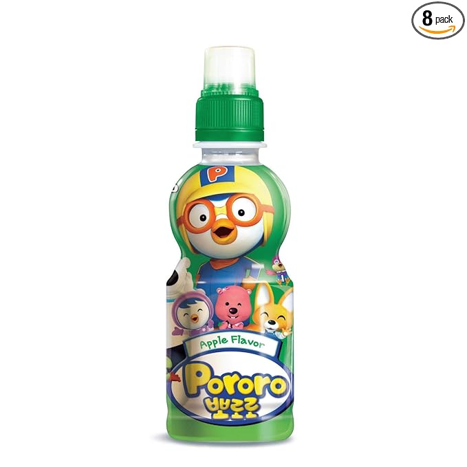 Paldo Fun &amp Yum Pororo Kids Apple Flavor Drink Pack of 8 Fruit Juice Drinks with Comfortable Push-Pull Sports Cap Perfect Drink for Children 7.95 fl oz. x 8