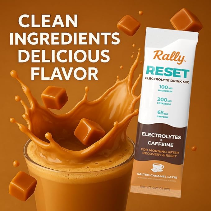 Rally Reset Instant Coffee Packets – Salted Caramel Latte Mix with MCT Oil Caffeine Vitamin B12 &amp Vitamin C – Functional Single-Serve Coffee Sticks Low Sugar | 24 Sticks