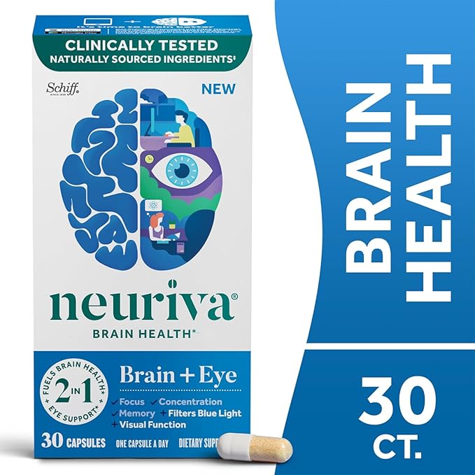 NEURIVA Brain + Eye Supplement for Memory Focus &amp Concentration with Clinically Tested Lutein and Zeaxanthin Vitamins A C &amp E + Zinc for Eye Health &amp Filter Blue Light 30 Count Capsules