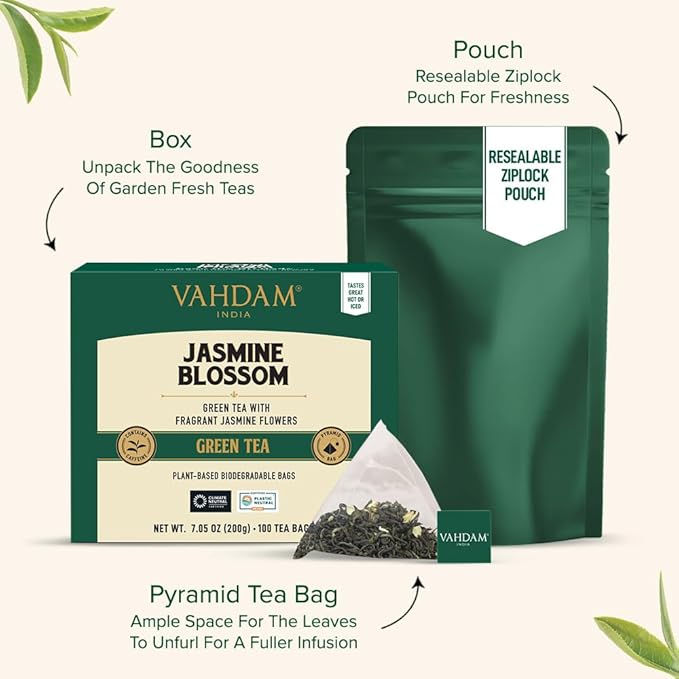 VAHDAM Jasmine Green Tea Bags (100 Count) Med Caffeine Non GMO | High Grown Green Tea Blended w/Pure Jasmine Flowers | Resealable Ziplock Pouch