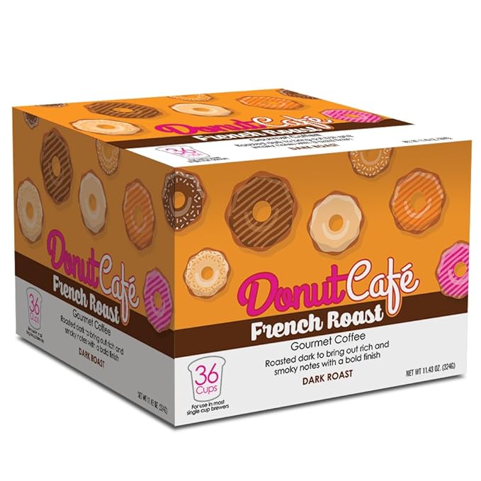 Donut Café – Gourmet Single Serve Coffee Pods for Keurig K-Cup Brewers Dark Roast 100% Arabica Non-GMO &amp Gluten Free French Roast Blend 36 Count