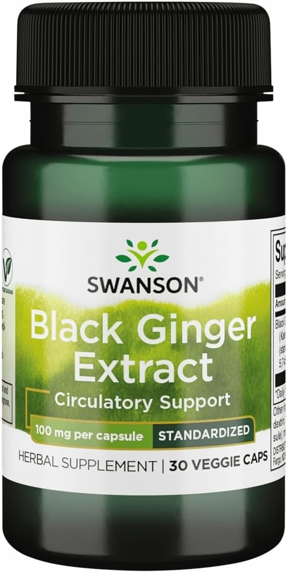 Swanson Black Ginger Extract - Promotes Healthy Blood Circulation and Physical Vigor - May Aid Heart Health Muscle Tissue and Wellbeing - (30 Veggie Capsules 100mg Each) 1 Pack