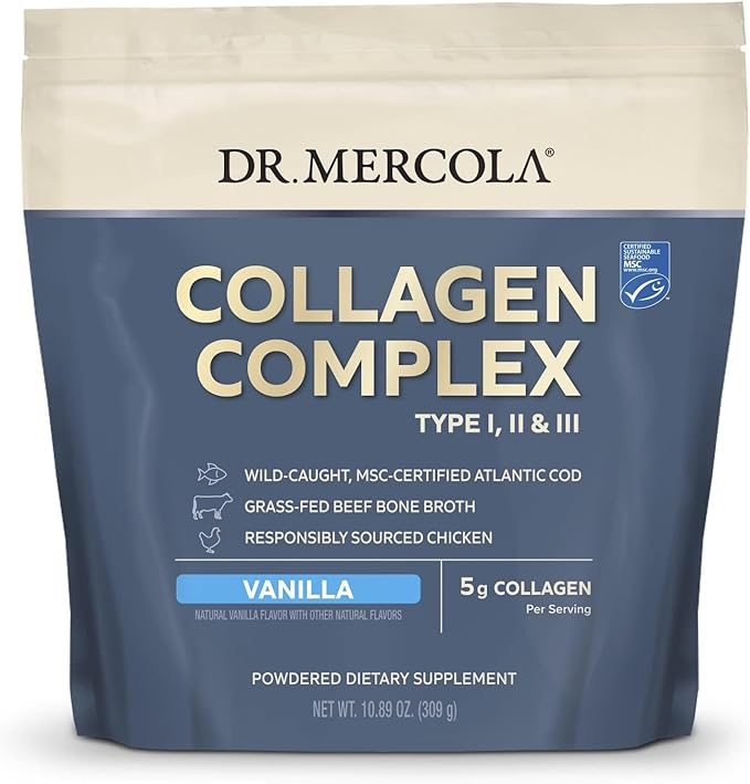 Dr. Mercola Collagen Complex Powder - Supports Skin Elasticity &amp Tissue Health - Multi-Source Collagen Types I II &amp III - Non-GMO Gluten-Free &amp Soy-Free - 10.89 oz (30 Servings) - Vanill