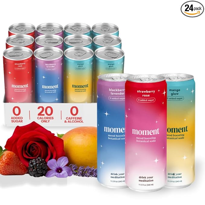 Moment Botanical Soda Soft Drink (Shark Tank) - SPARKLING Drinks | Fruity Fun | L-Theanine &amp Ashwagandha for Calm &amp Clarity | 0 Added Sugar 0 Caffeine | 24-pack