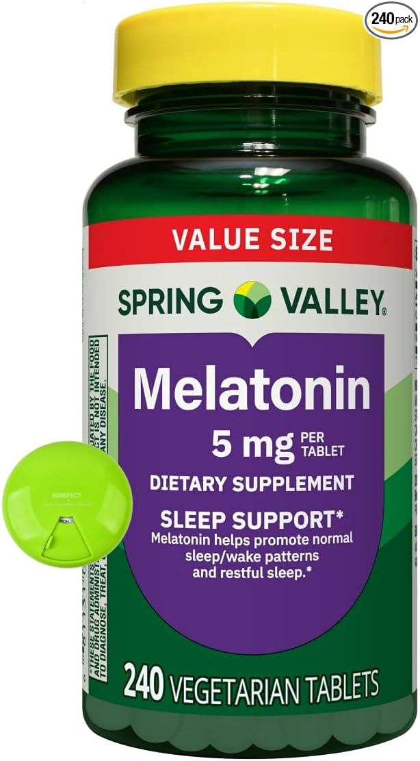 SUREFECT Spring Valley Melatonin Tablets Sleep Support Dietary Supplement Value Size 5 mg 240 Count Organizer.