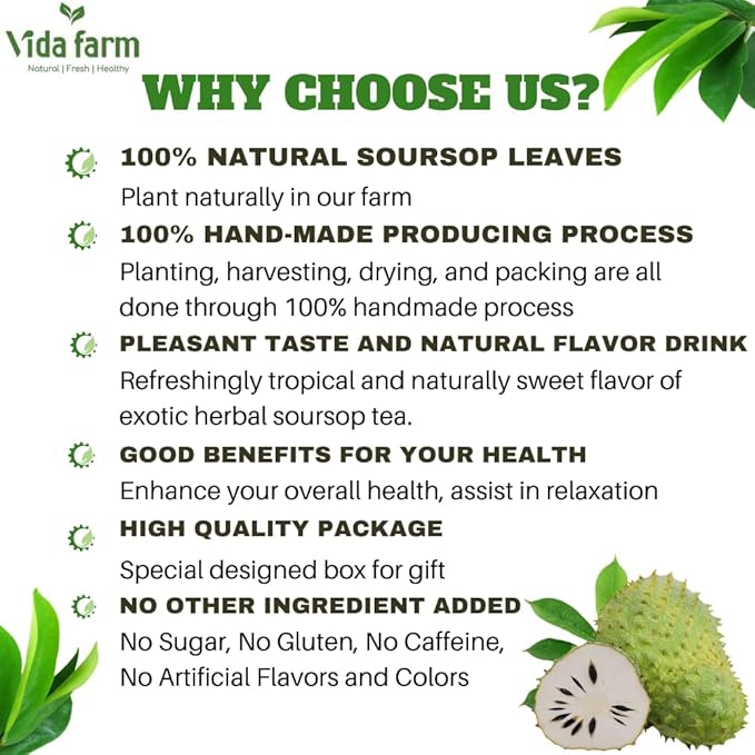 VIDA FARM Premium Dried Soursop Leaves Tea 100% Natural Whole Guanabana Leaves Hojas de Guanabana Para Te Soursop Tea Leaves