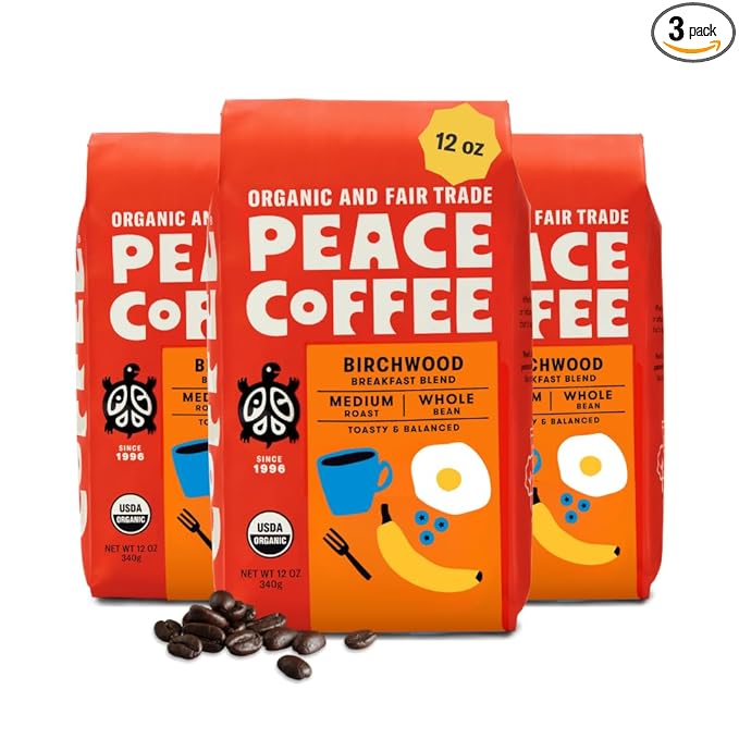 Peace Coffee Birchwood Breakfast Blend Medium Roast Whole Bean Coffee 12 oz Pack of 3 Organic Fair Trade Smooth Mild Flavor Shade Grown Fresh Roasted