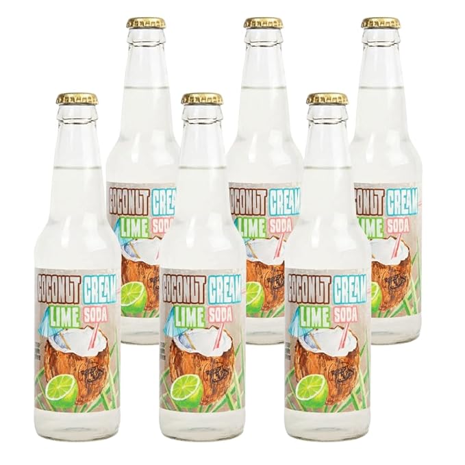 Rocket Fizz Coconut Cream Lime Soda Flavor | Cane Sugar | Craft Soda Pop Drinks | 12 oz in Glass Bottle (6 Pack)