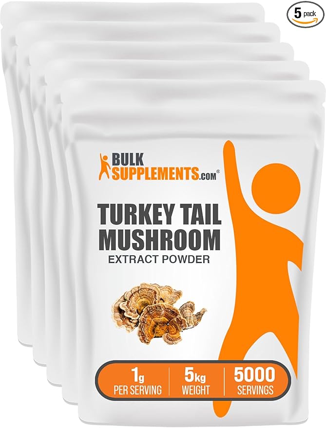BulkSupplements.com Turkey Tail Mushroom Extract Powder - Coriolus Versicolor Extract Mushroom Supplement - Vegan &amp Gluten Free 1g per Serving 1kg (2.2 lbs) (Pack of 5)