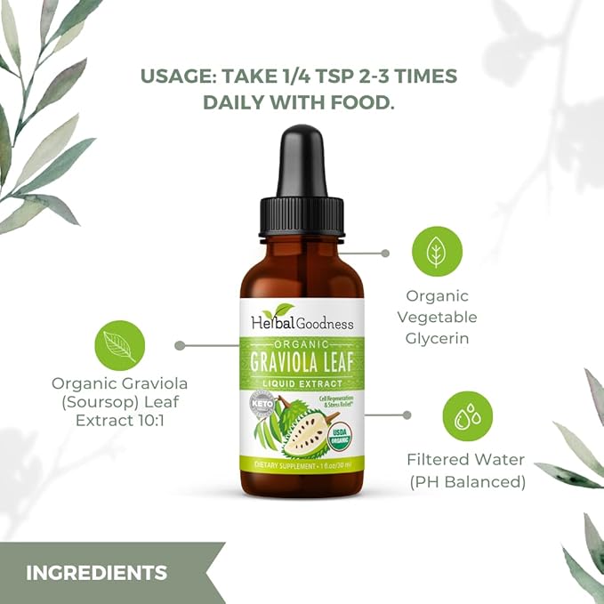 Herbal Goodness Organic Soursop Graviola Leaf Extract 1oz – 15X Concentrated Guanabana Liquid Tincture | USDA Organic &amp Kosher Certified | Supports Cell and Immune Wellness | Soursop Bitters Liqui