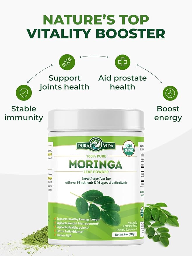 PURA VIDA MORINGA Organic Moringa Leaf Powder Premium 100% Leaf Powder Single Origin - USDA Organic Moringa Oleifera Perfect for Smoothies &amp Recipes 8 oz