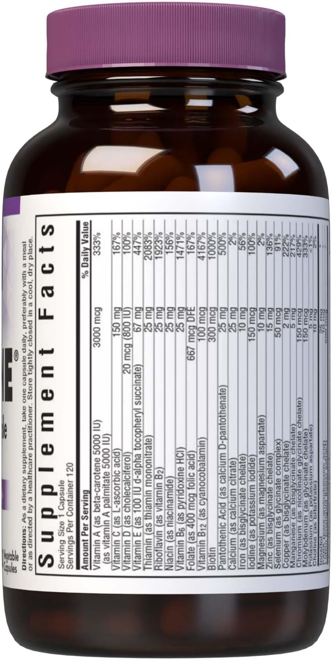 Bluebonnet Nutrition Multi One (With Iron) Vegetable Capsules Complete Full Spectrum Multiple Vitamin Supplement B Vitamins Gluten &amp Milk free kosher 4 Month Supply 120 Count