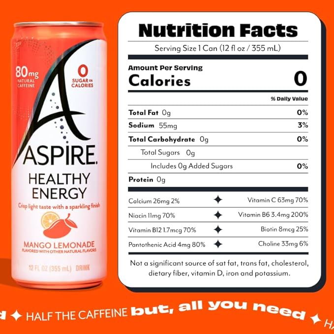 ASPIRE® Mango Lemonade Healthy Energy Drink 80mg Natural Caffeine Zero Sugar No Carbs Keto Friendly 12 Pack Green Tea Sugar Free Drink Low Caffeine Zero Calorie