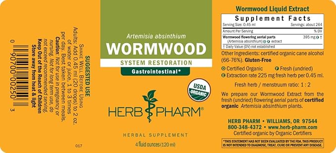 Herb Pharm Certified Organic Wormwood Liquid Extract for Digestive System Support - 4 Ounce