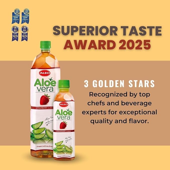 ALEO 0.5L x 24 Premium Strawberry Aloe Vera Drink - Natural No Preservatives No Artificial Colors Superior Taste Award 2025