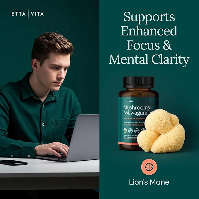 USDA Organic Lions Mane Supplement Capsules with Ashwagandha Chaga Reishi Cordyceps Turkey Tail (18600mg/serv) 10x Adaptogenic Mushroom Complex as Focus Supplement - Energy Immunity &amp Nootro