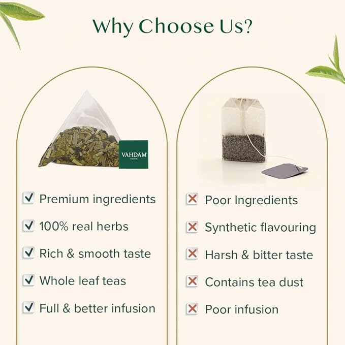 VAHDAM Tulsi Moringa Tea Bags (100 Count) Low Caffeine Non GMO &amp Gluten Free | High Grown Green Tea | Infused Moringa Lemongrass &amp Lemon Basil | Resealable Ziplock Pouch