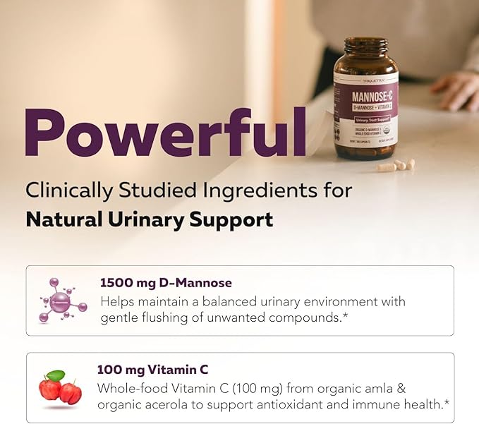 Mannose-C - Organic D-Mannose + Whole Food Vitamin C Natural UTI Support Supplement to Flush &amp Cleanse Urinary Tract Certified Organic Urinary Health for Women Vegan Non-GMO (180 Count)